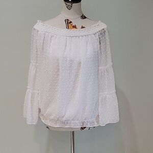 KIRUNDO white peasant top Sheer bell sleeves. Elastic waist. Textured polka dots